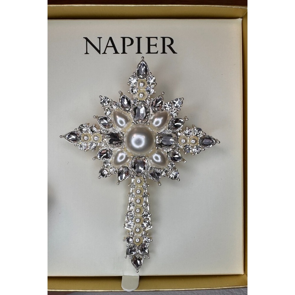 Napier Silver Tone Rhinestone and Faux Pearl Christmas Cross Brooch NIB